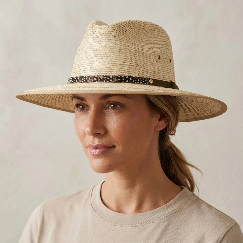 Natural Straw Sun Hat with Feather Band and Wide Brim Crown