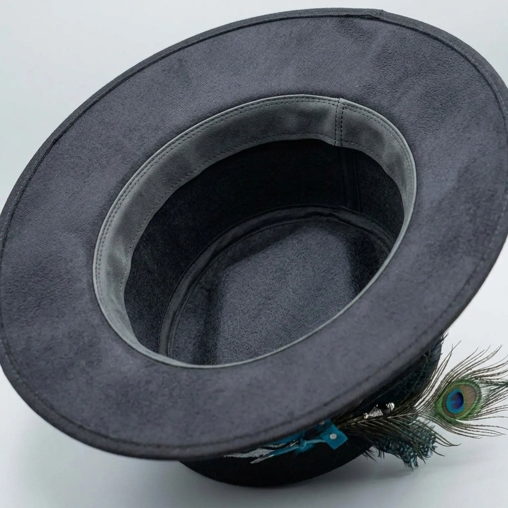 Black Wide-Brim Fedora with Peacock Feather and Turquoise Band