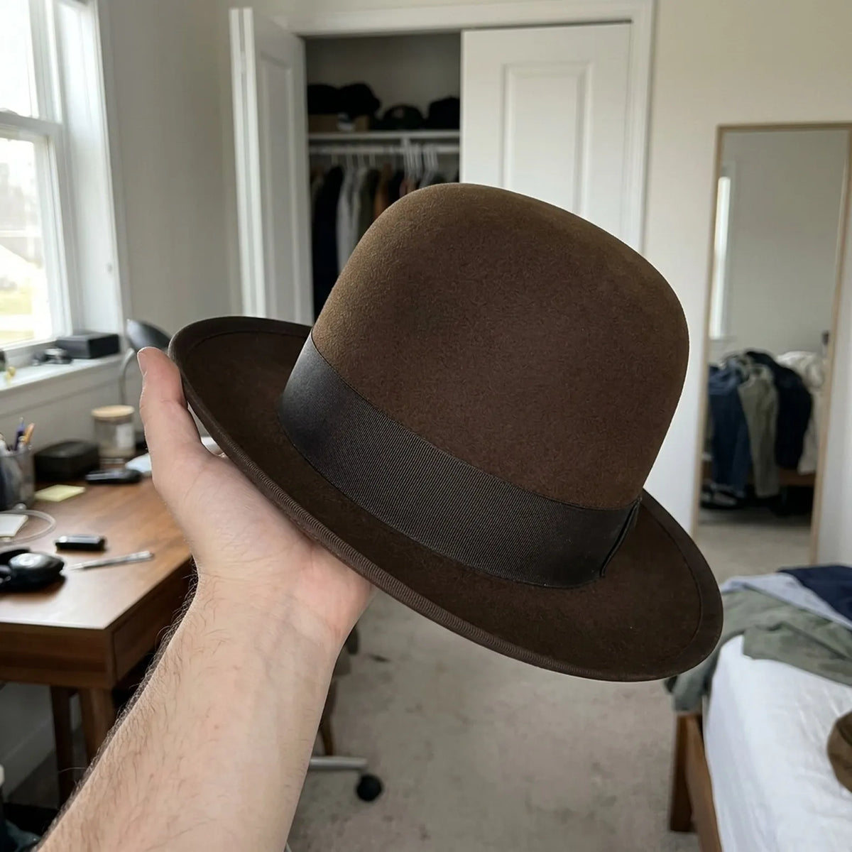 Brown Felt Bowler Hat with Rounded Crown and Grosgrain Band