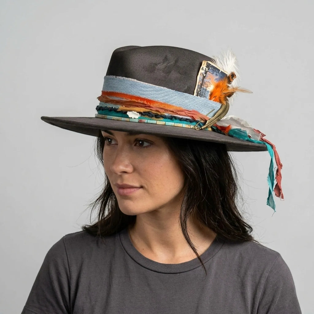 Brown Fedora Hat with Denim Wrap Band and Mixed Feathers