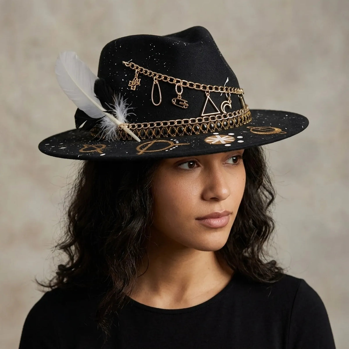 Black Celestial Fedora with Gold Mystical Symbols and Feather