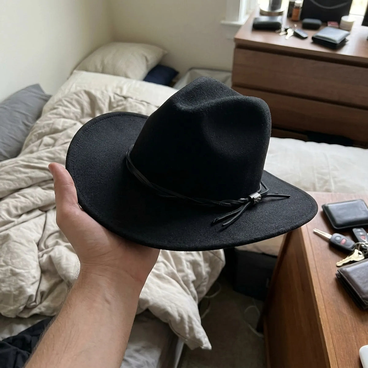 Unisex Black Wool Felt Cowboy Hat with Leather Band