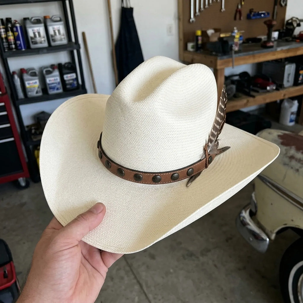 Cream Straw Cowboy Hat with Studded Leather Band and Feathers