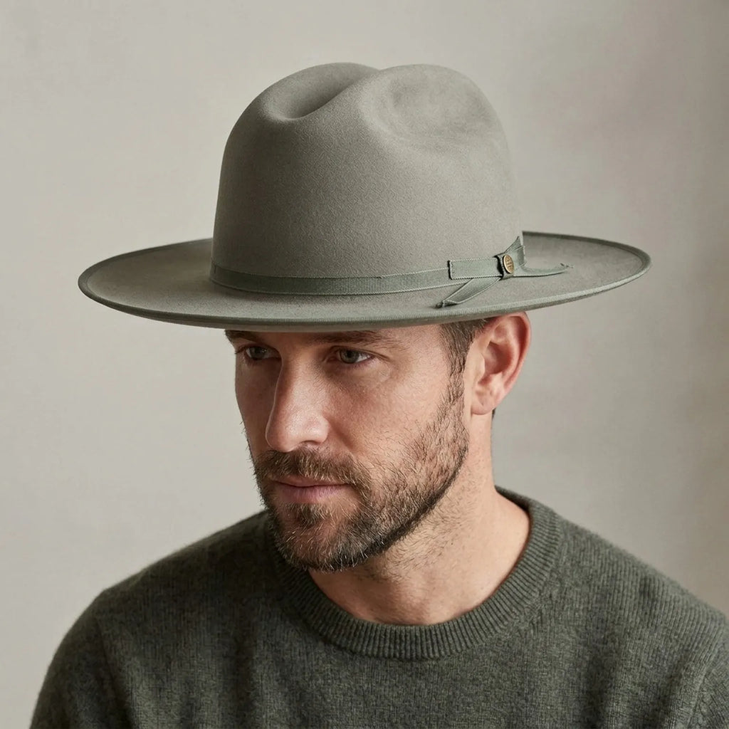 Light Gray Wide Brim Felt Hat with Ribbon Buckle Detail