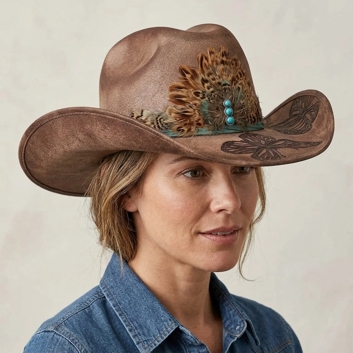 Brown Cowboy Hat with Butterfly Etching and Turquoise Feather Fan