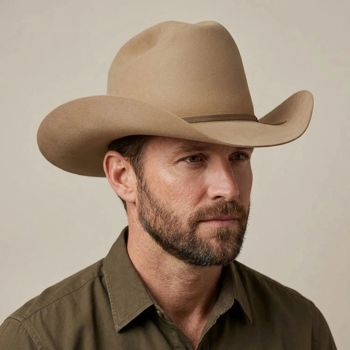 Tan Wool Felt Cowboy Hat with Feather Accent Ribbon Band