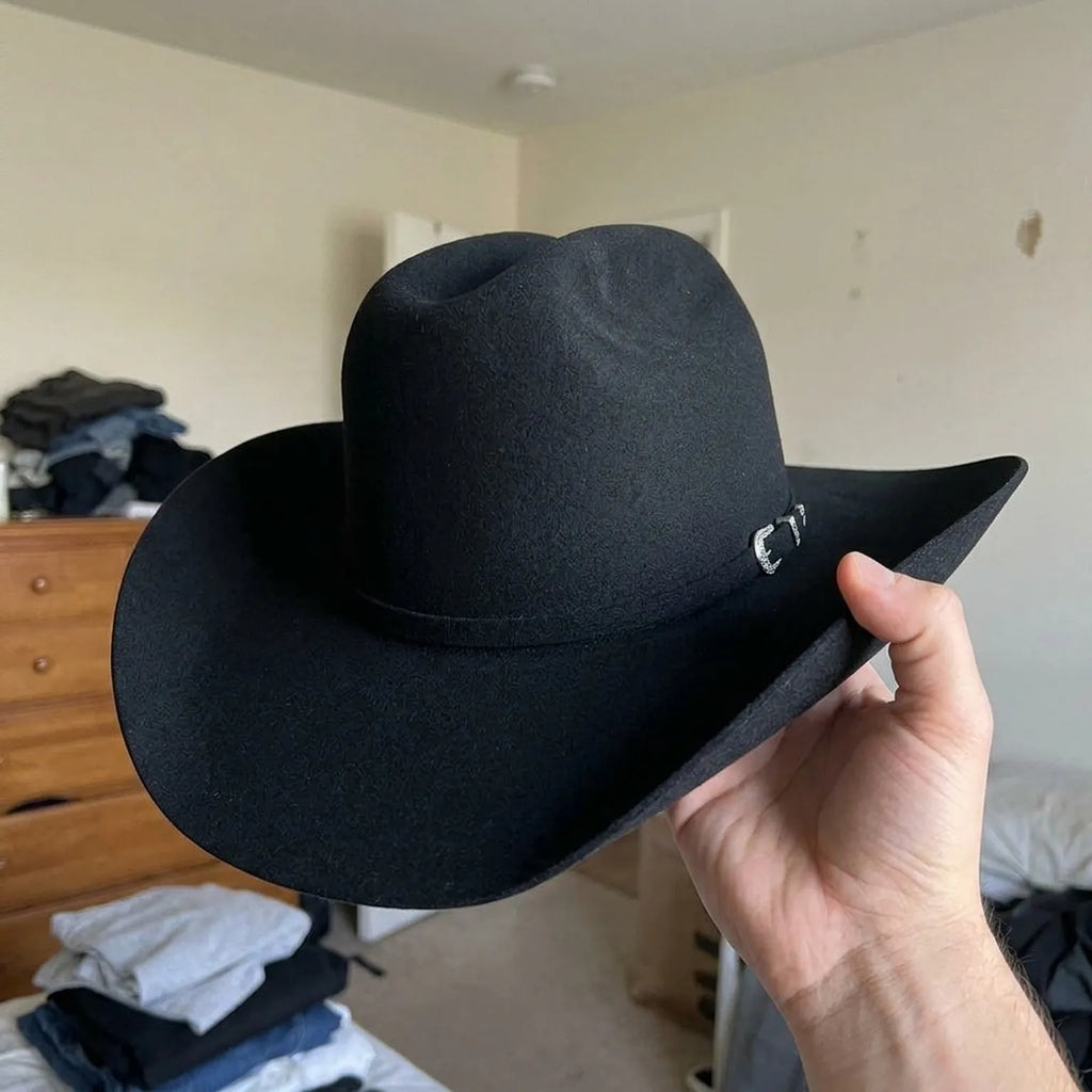Black Felt Cowboy Hat with Curled Brim and Grosgrain Ribbon