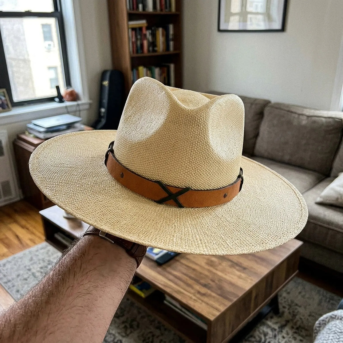 Natural Raffia Sun Hat with Leather Band and Cross Detail