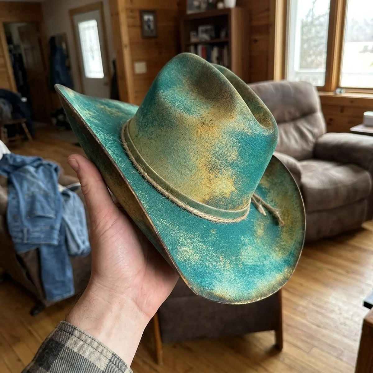 Distressed Teal Cowboy Hat with Leather and Twine Band