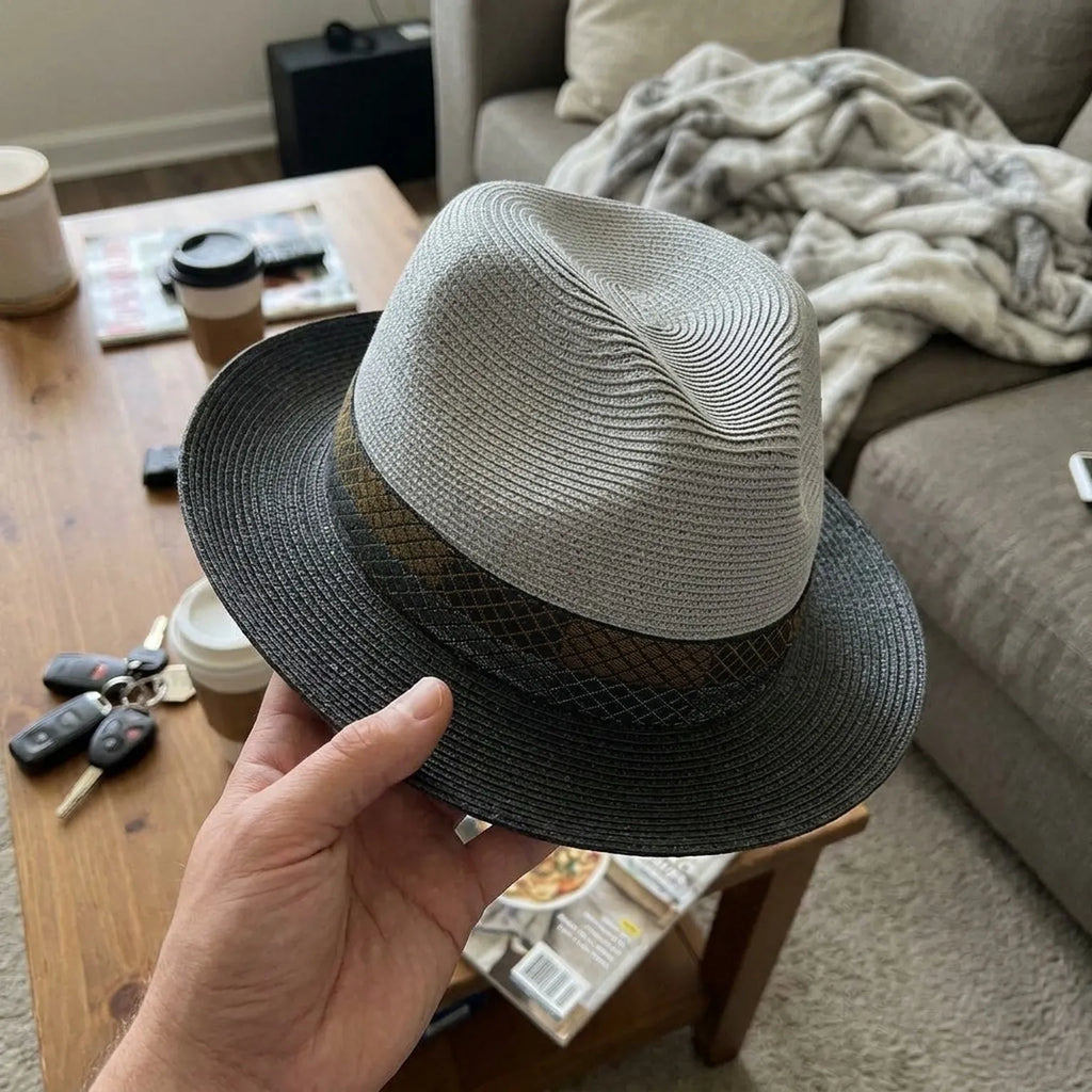 Two-Tone Straw Fedora Hat with Patterned Band and Brim