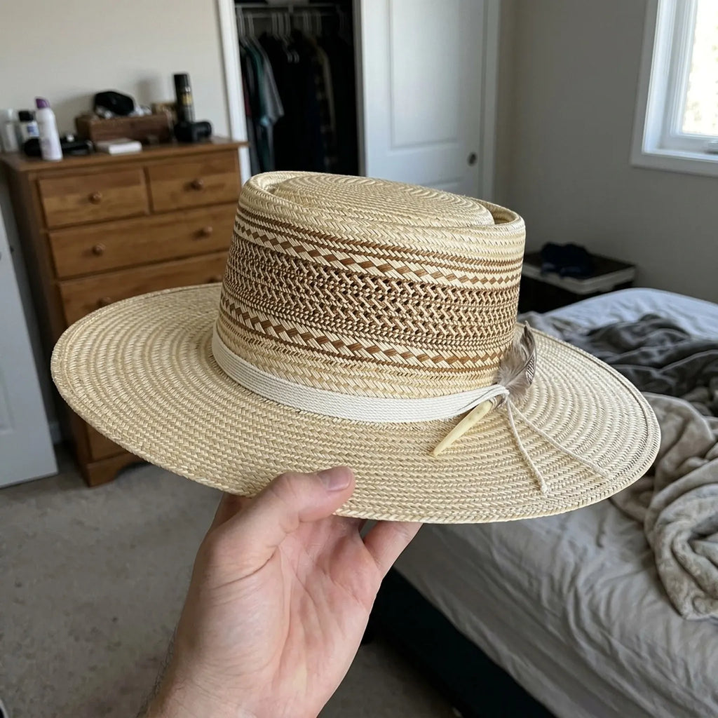 Natural Straw Boater Hat with Striped Weave and Flat Top Crown