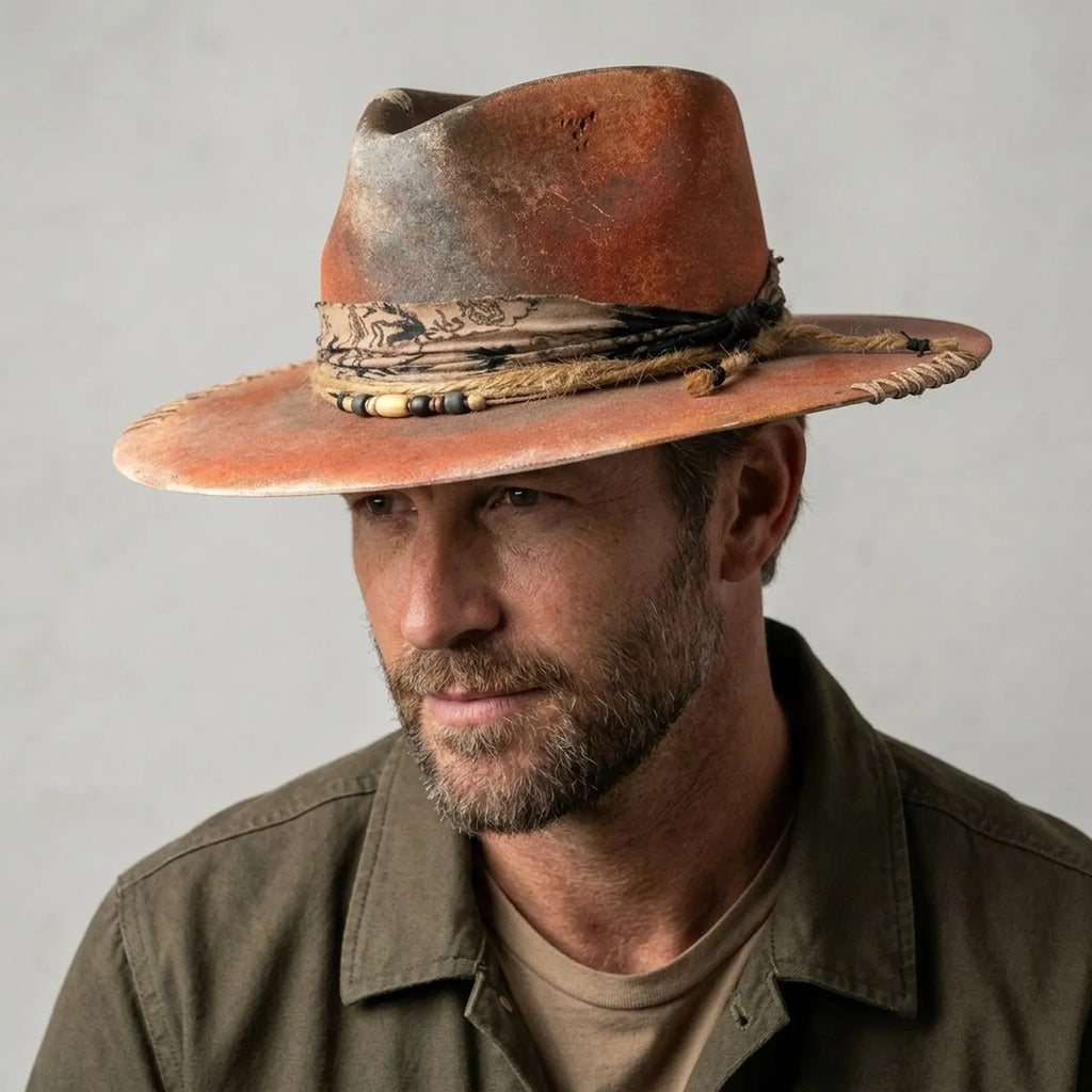 Vintage Rust Western Hat with Bandana Band and Beading