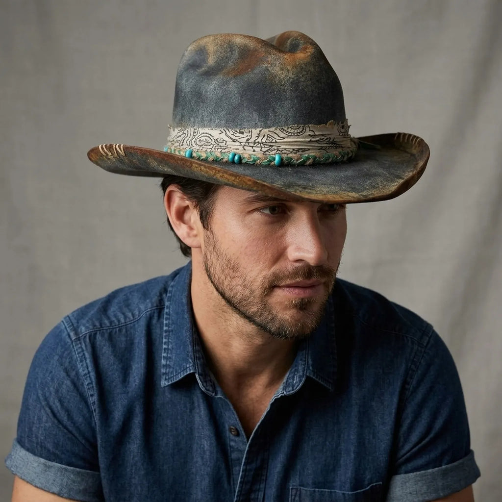 Vintage Distressed Western Hat with Paisley Beaded Band