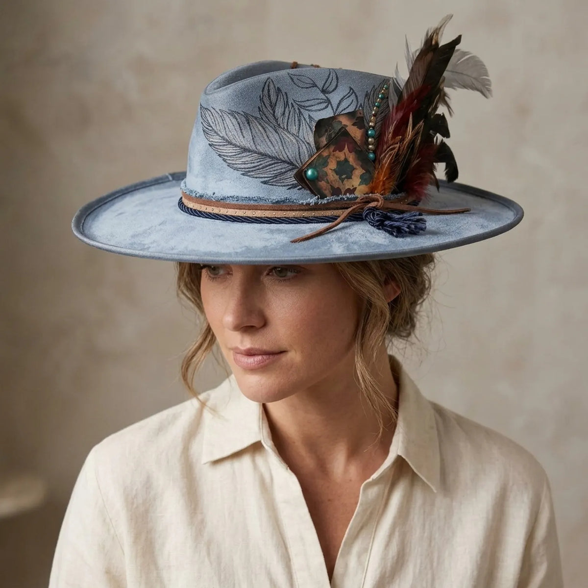 Light Blue Fedora Leaf Embroidery Feather Cluster Tassel Boho Hat