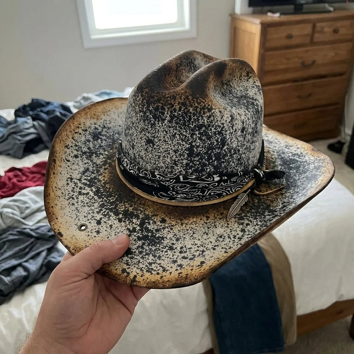 Speckled Black Cowboy Hat with Bandana Band and Feather Charm
