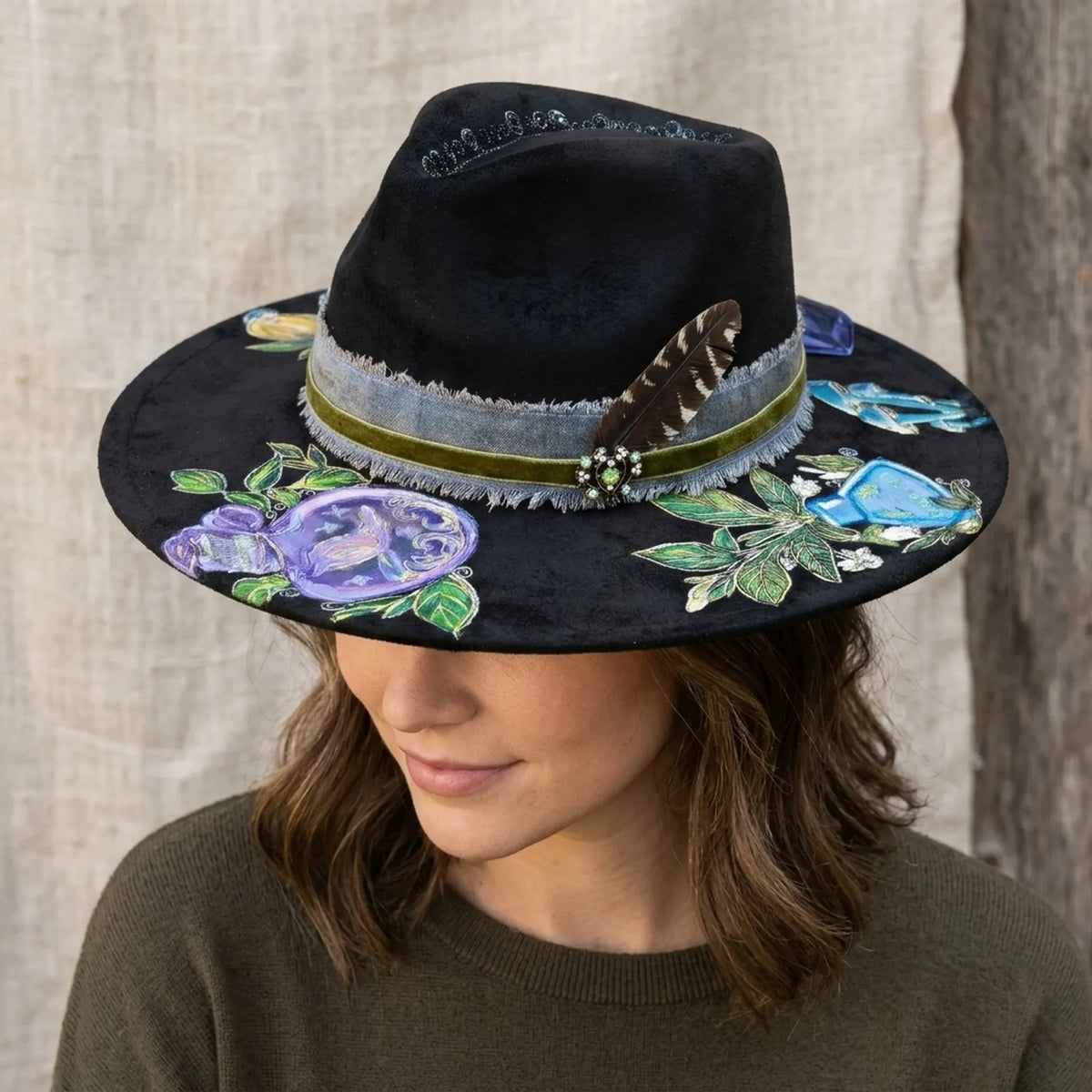 Black Painted Fedora with Perfume Bottle Art and Velvet Band