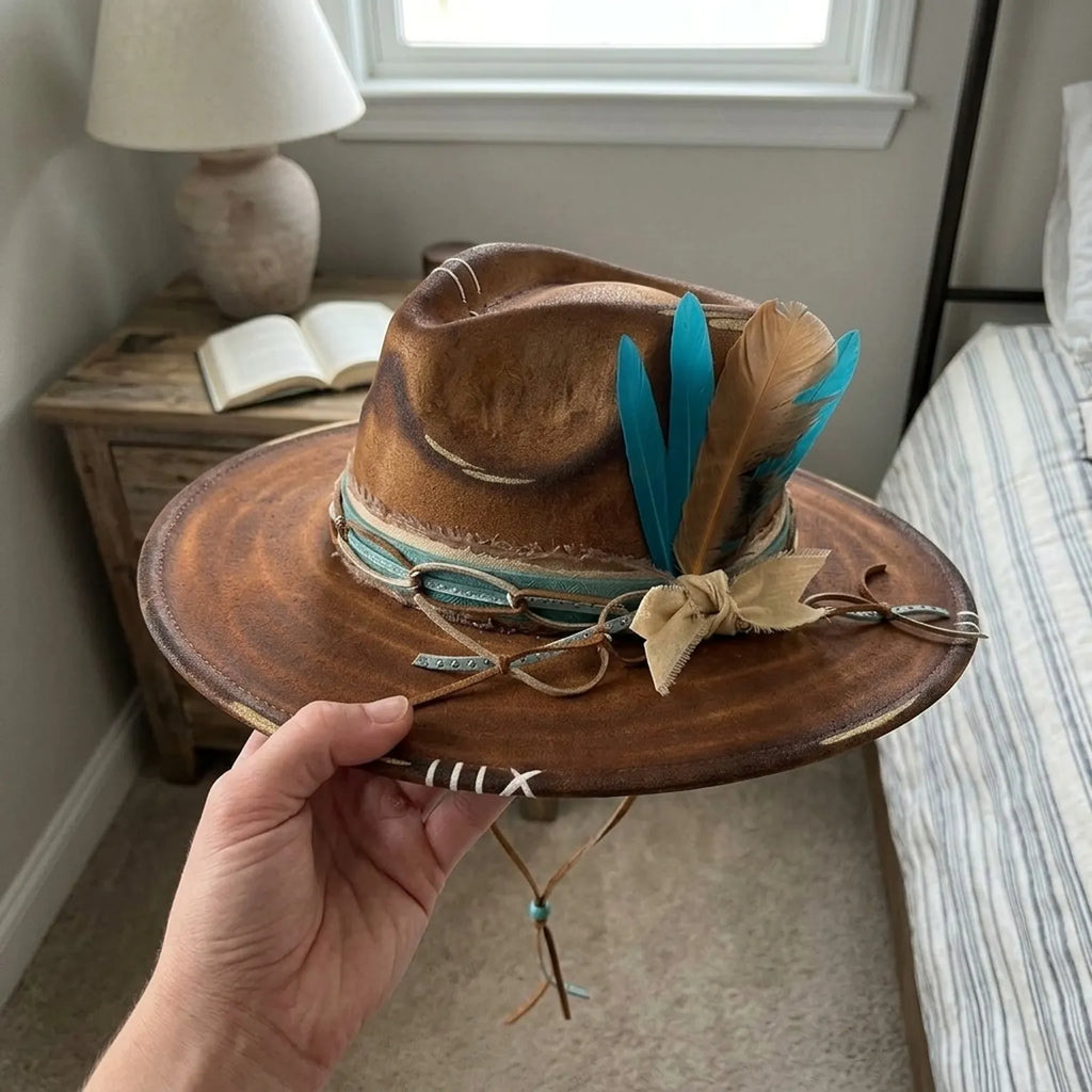 Distressed Brown Wool Felt Western Hat with Turquoise Feather Accents