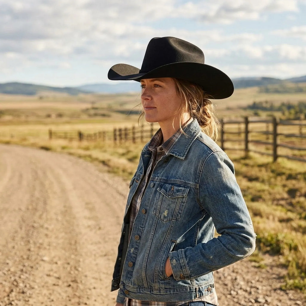 Black Felt Cowboy Hat with Deep Pinched Crease and Upturned Brim