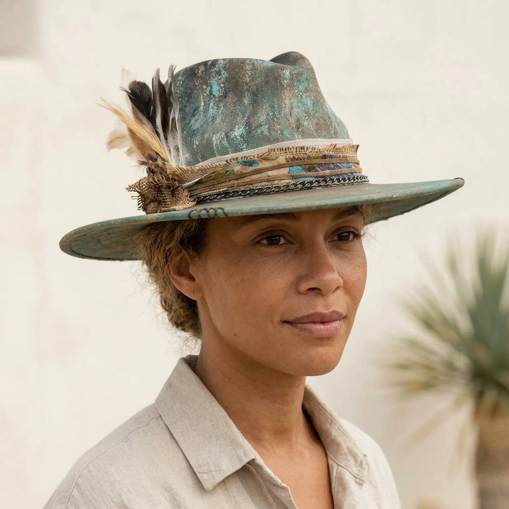 Teal Distressed Fedora with Burlap Bow and Feather Cluster