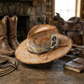 Distressed Tan Cowboy Hat with Skeleton Card and Paisley Bandana
