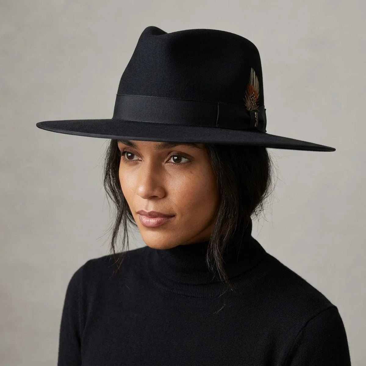 Black Wool Felt Fedora with Classic Pinch Crown and Grosgrain Band