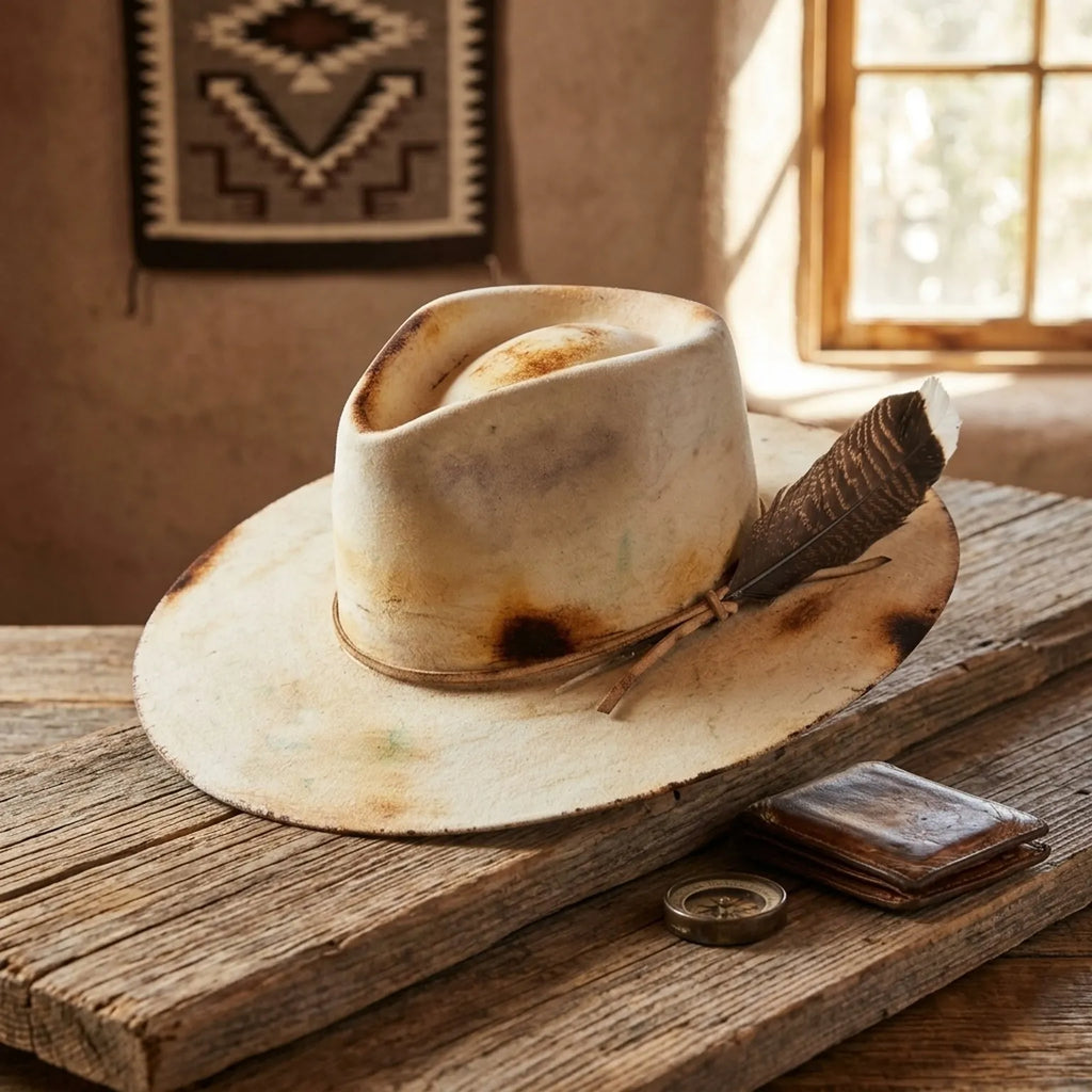 Bone Felt Fedora with Brown Leather Band and Feather