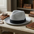Gray Straw Fedora Hat with Black Ribbon Band for Outdoor Events