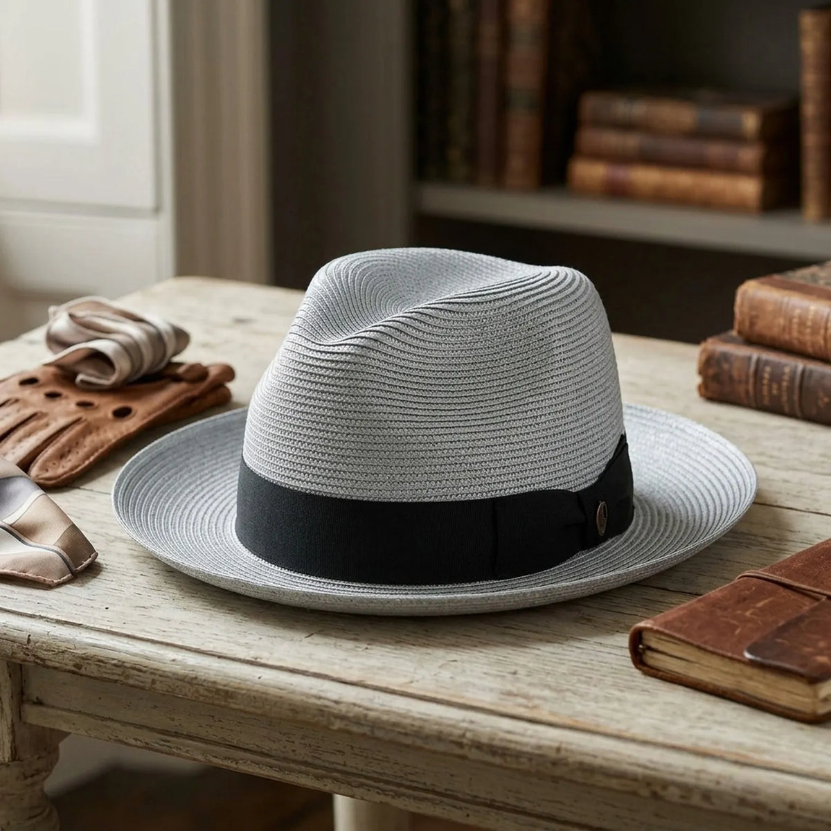 Gray Straw Fedora Hat with Black Ribbon Band for Outdoor Events