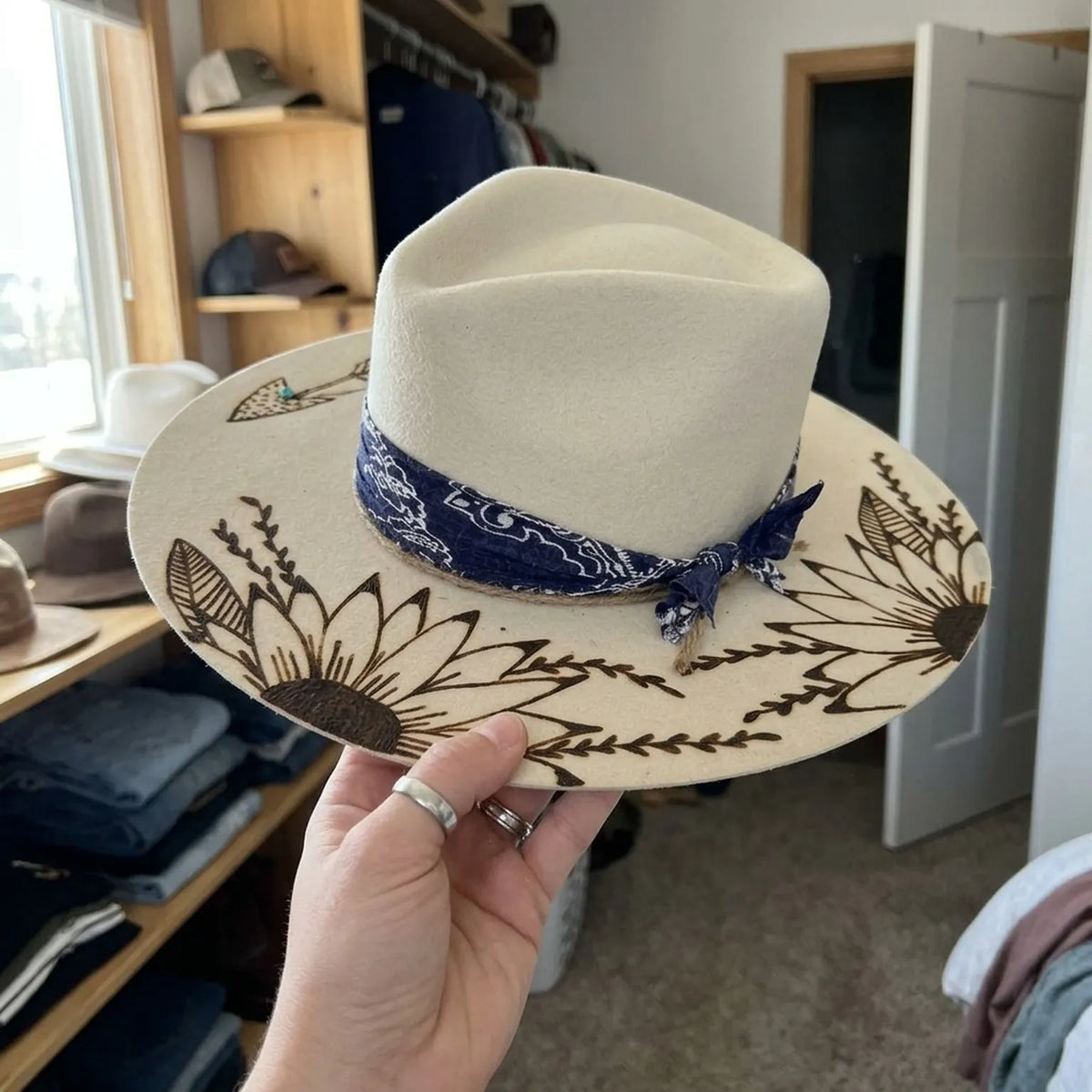 Cream Felt Fedora with Sunflower Embroidery and Bandana Band