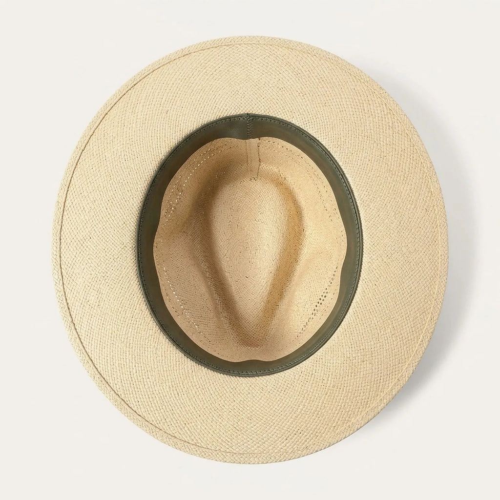 Beige Cut-Out Straw Sun Hat with Leather Band and Tassels
