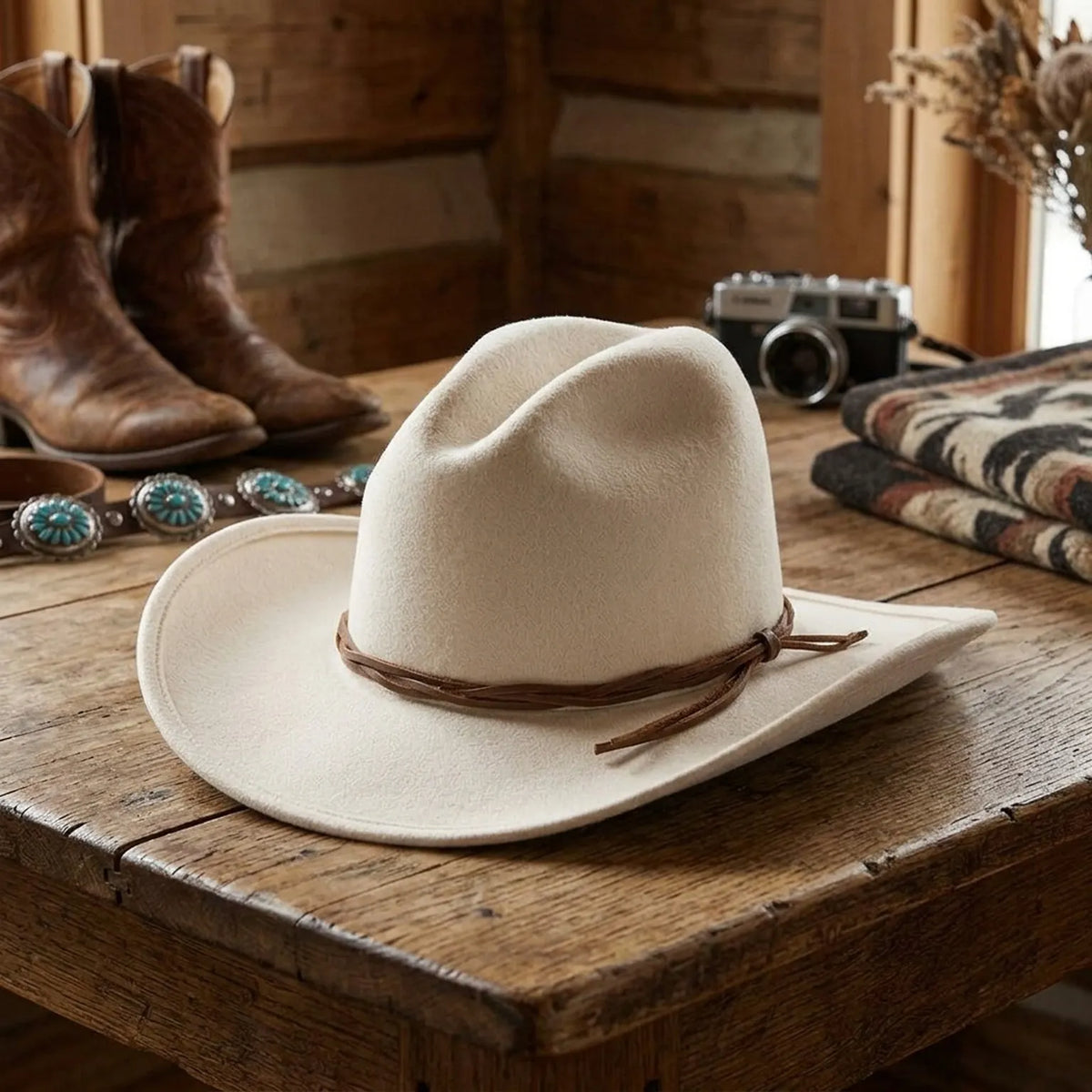 Unisex White Wool Felt Western Hat with Tassel Band