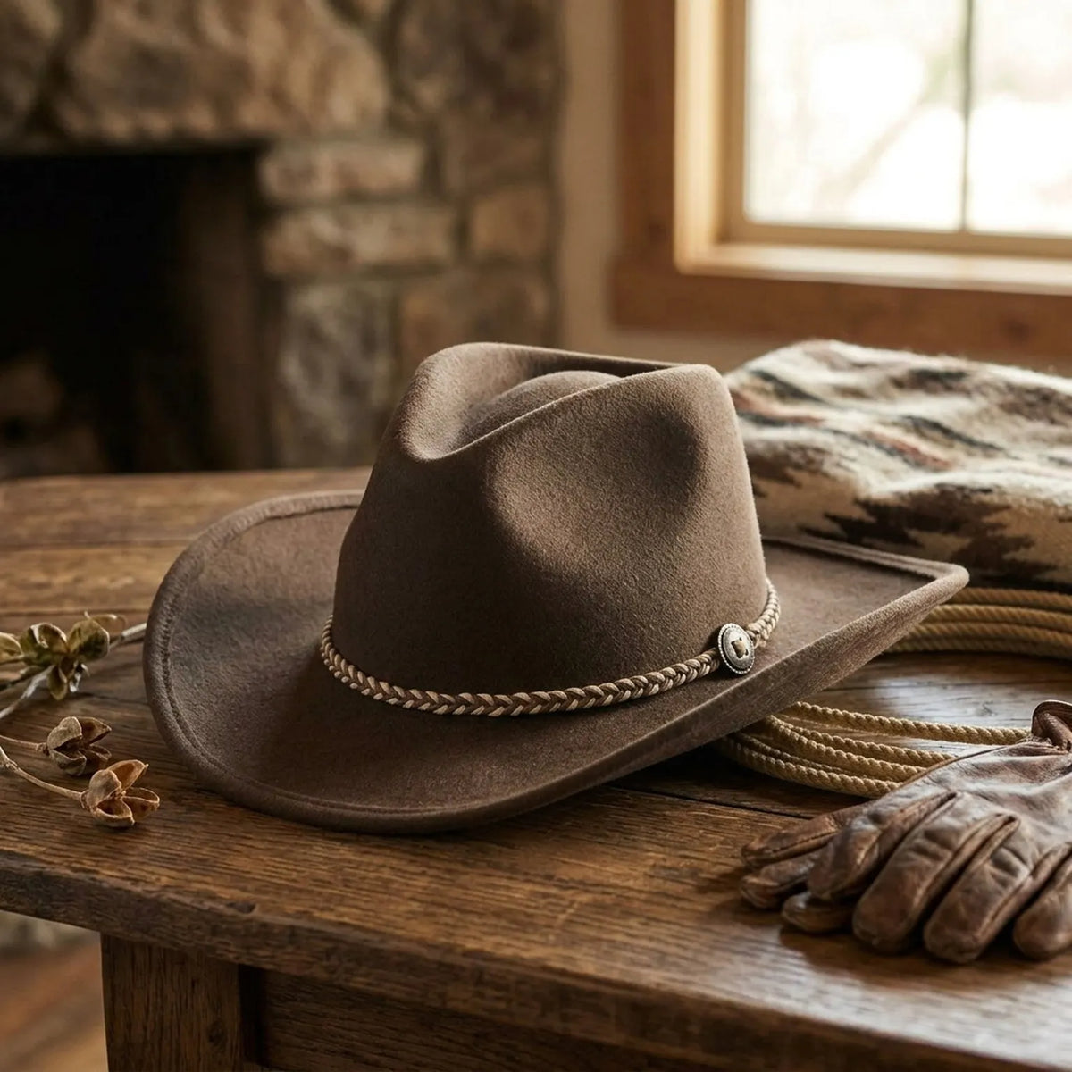 Unisex Western Wool Felt Cowboy Hat with Rope Band