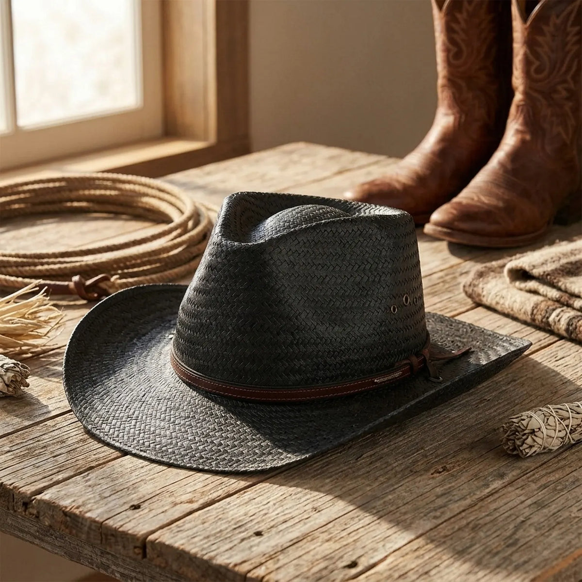 Black Woven Straw Hat With Wide Brim and Leather Band