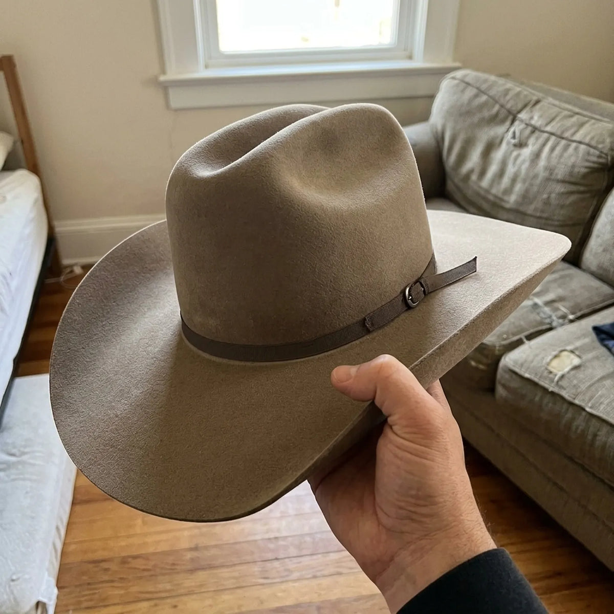 Unisex Taupe Wool Felt Cowboy Hat with Grosgrain Band Pin