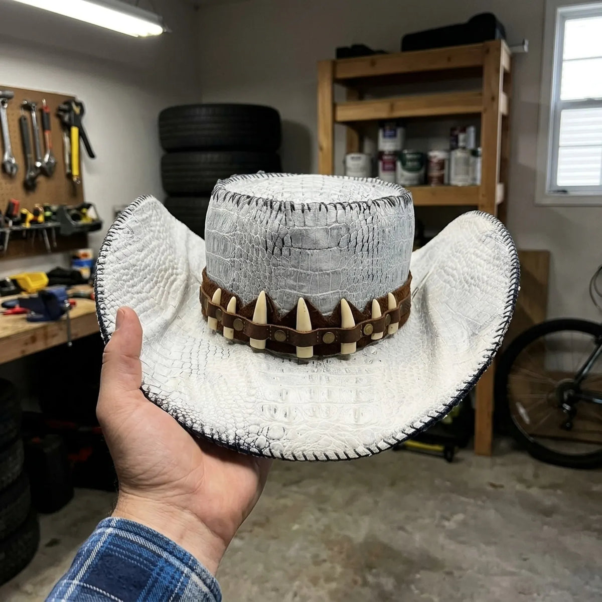 White Crocodile Cowboy Hat Tooth Stud Band Western Statement Hat