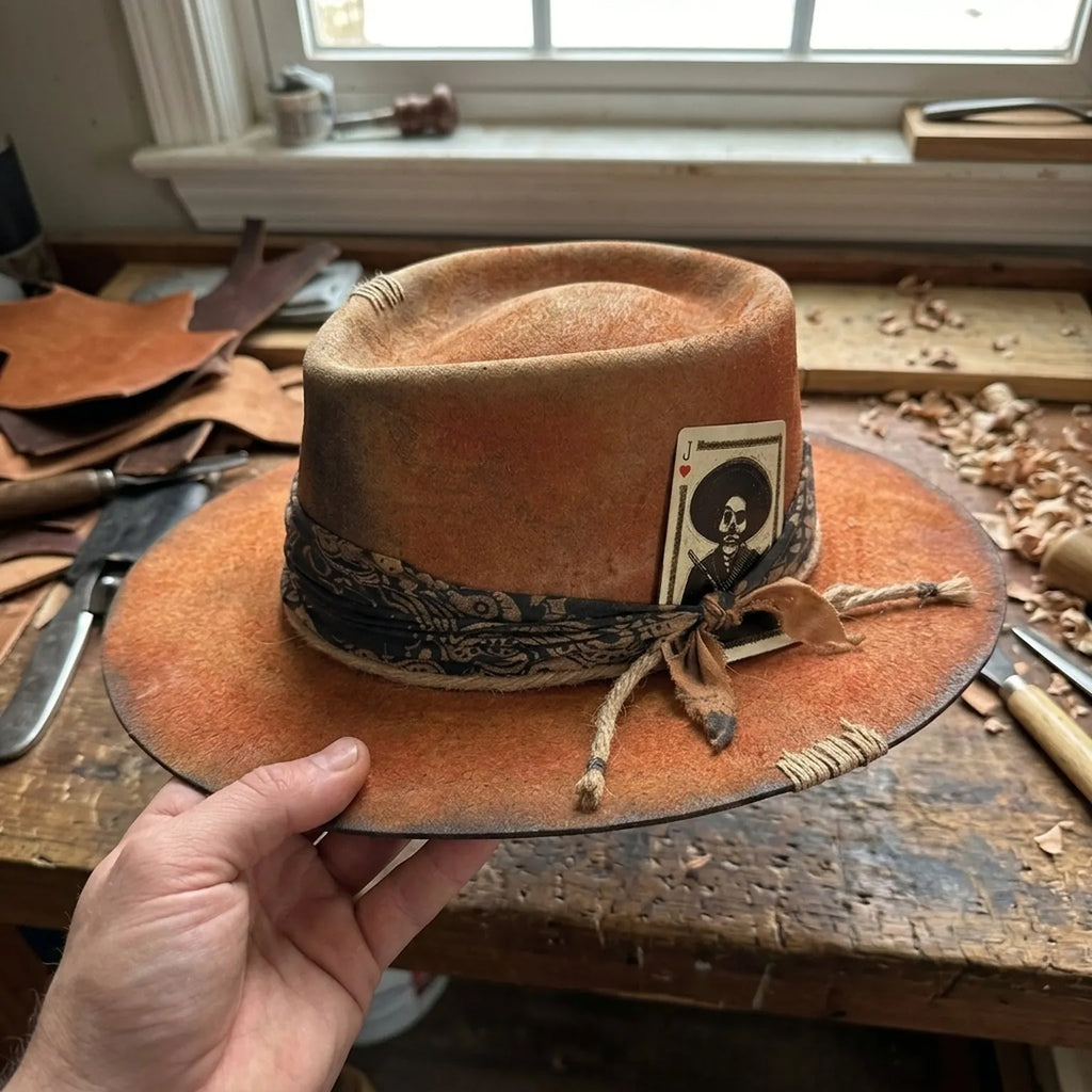 Rust Orange Western Hat with Skull Card and Bandana Band