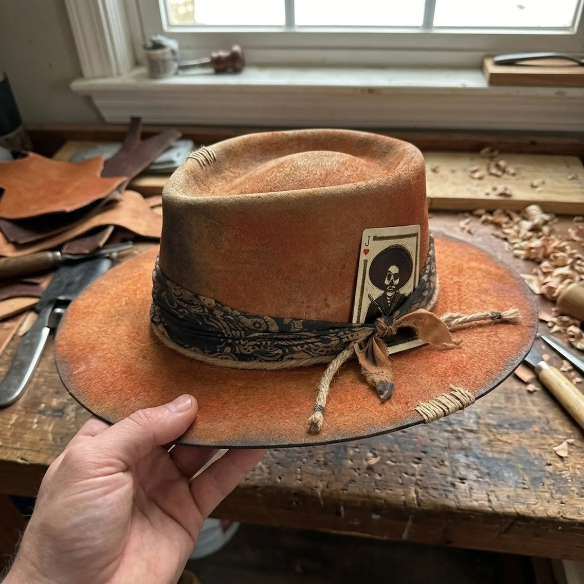 Rust Orange Western Hat with Skull Card and Bandana Band