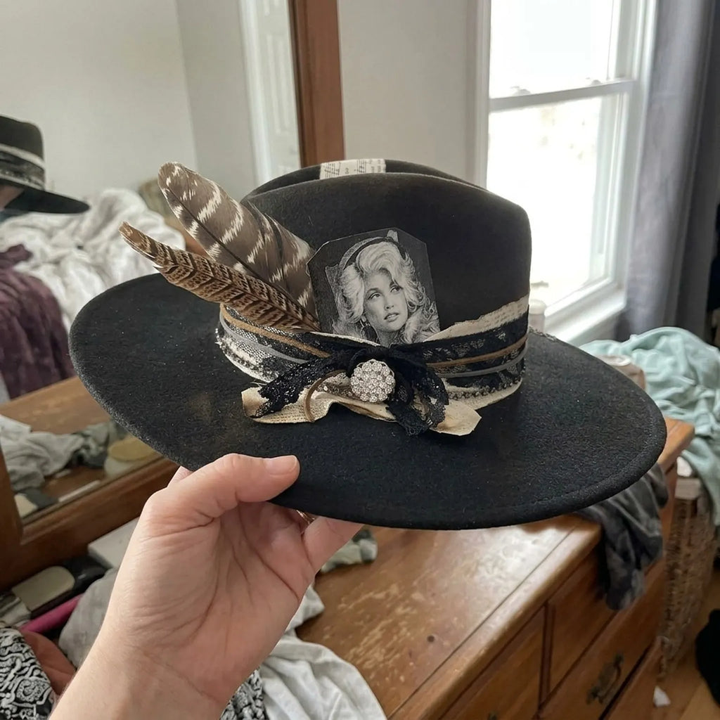 Black Felt Fedora Hat with Feathers Lace and Rhinestone Brooch