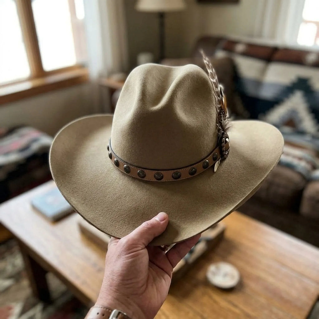 Tan Felt Cowboy Hat with Feather and Studded Leather Band