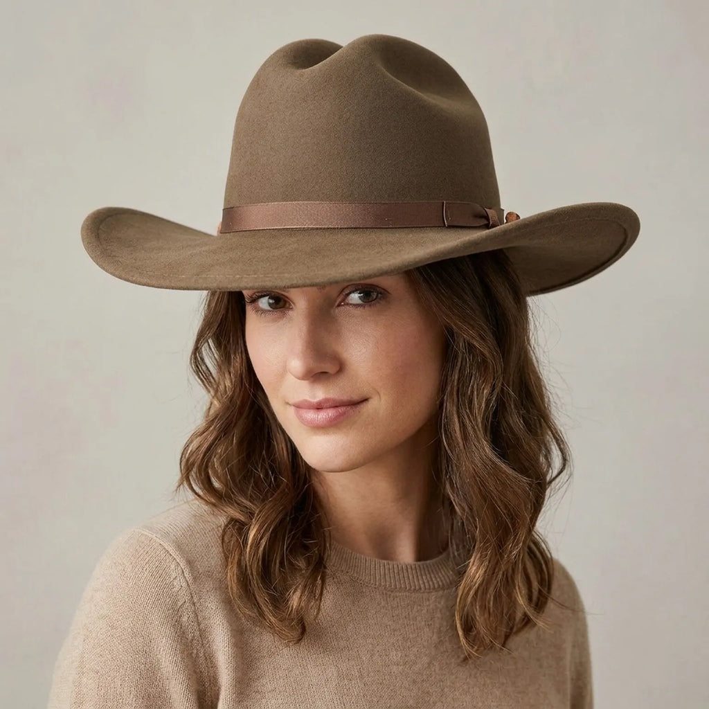 Tan Felt Western Hat with Curled Brim and Grosgrain Band