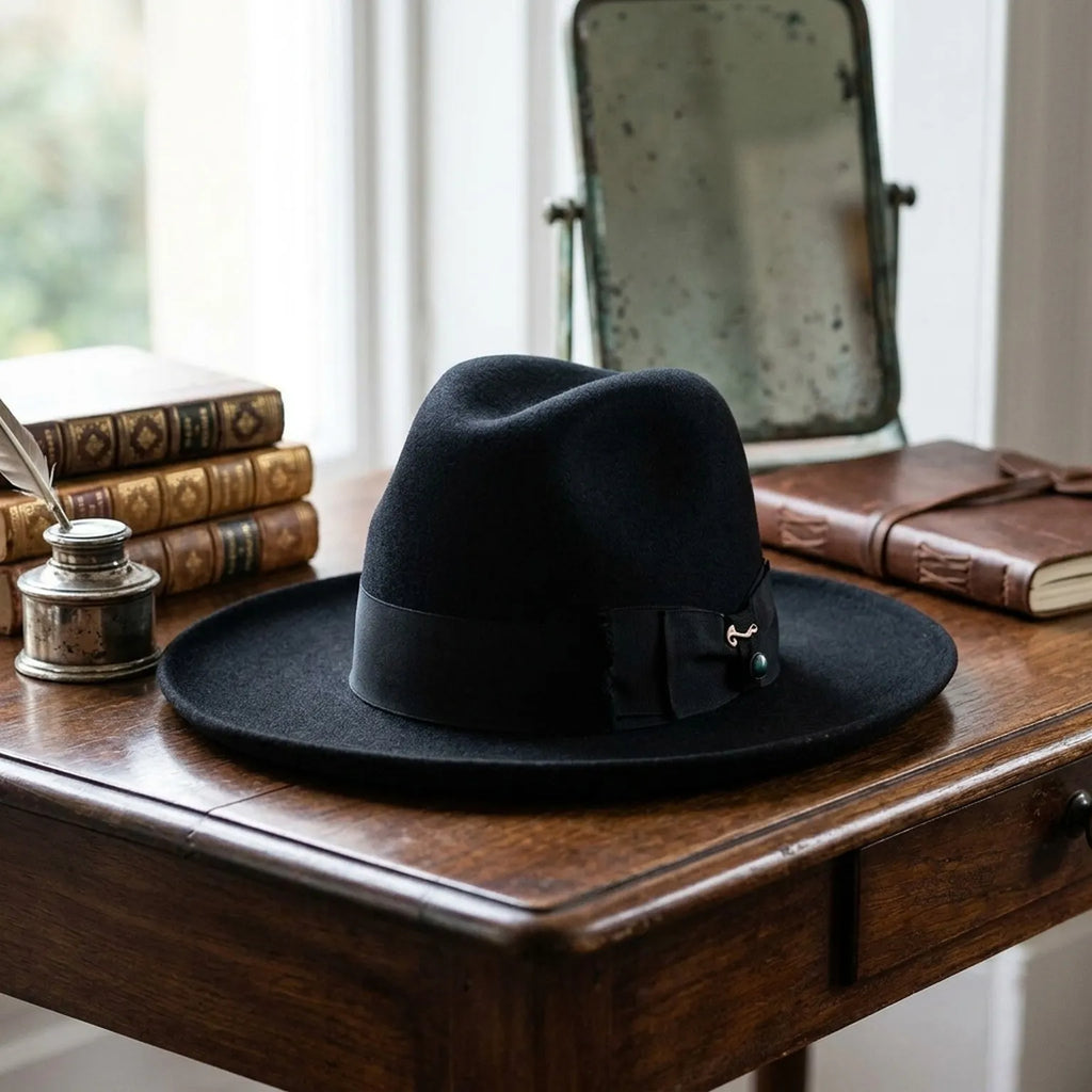 Black Wool Felt Fedora Hat with Grosgrain Band and Side Bow