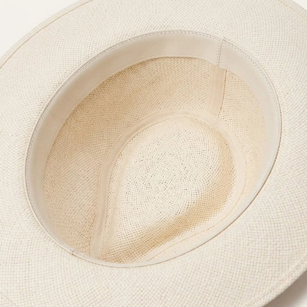 Cream Straw Fedora Hat with Black Grosgrain Band and Pinch Crown