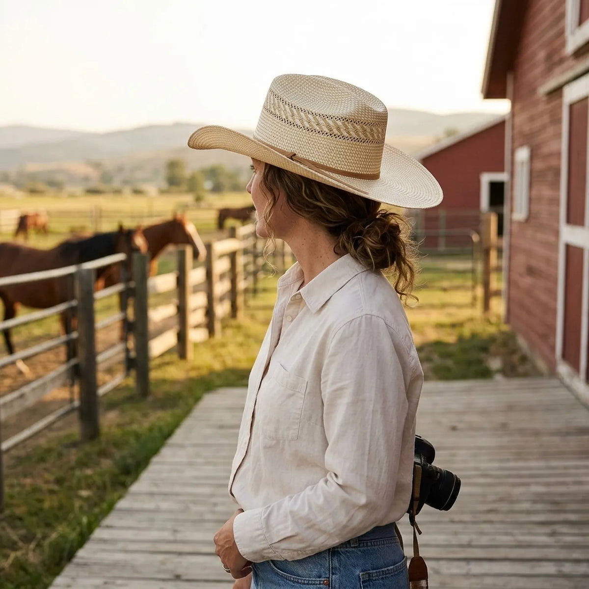 Unisex Open Weave Western Straw Hat with Leather Band Sun