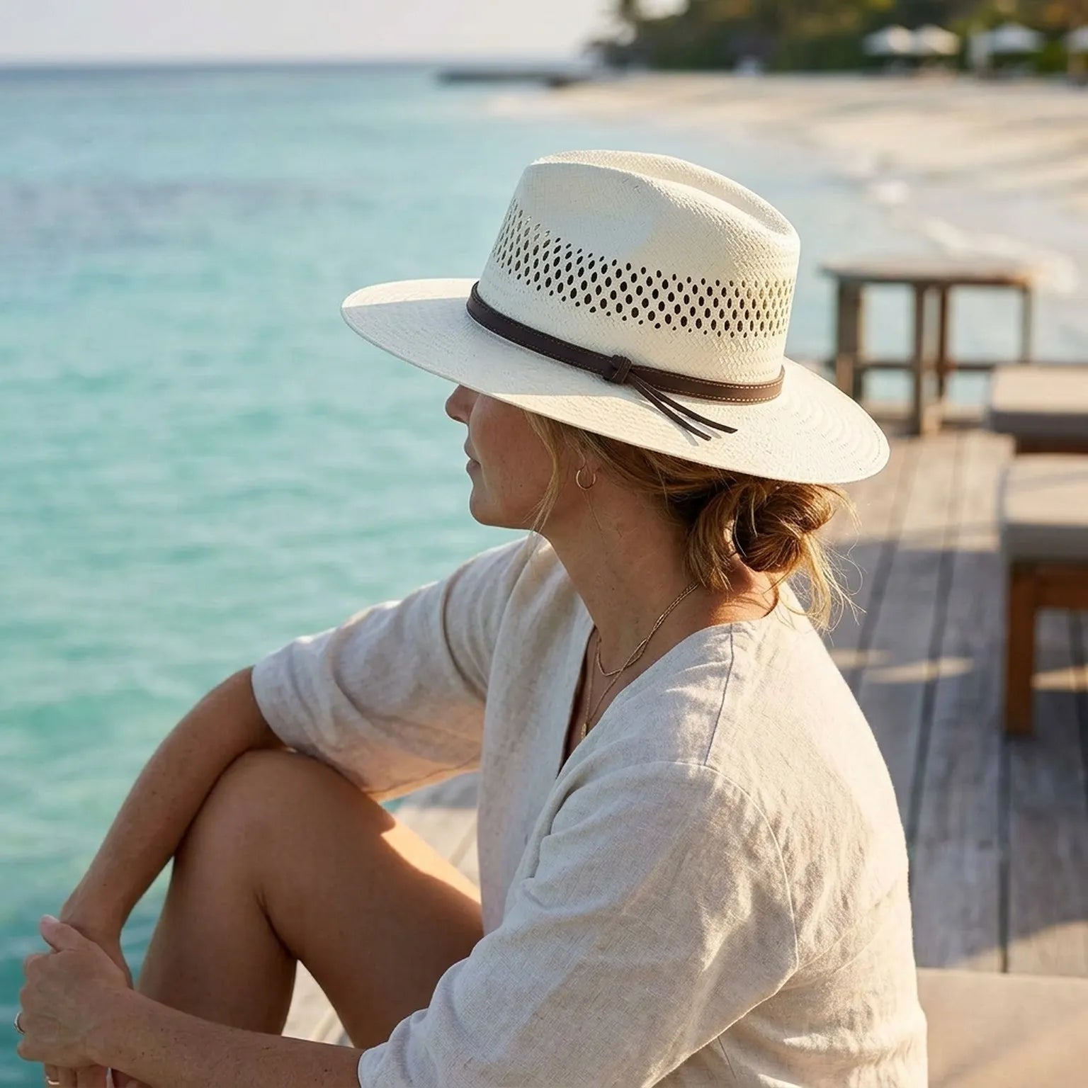 Off-White Vented Straw Western Hat with Leather Cord Band