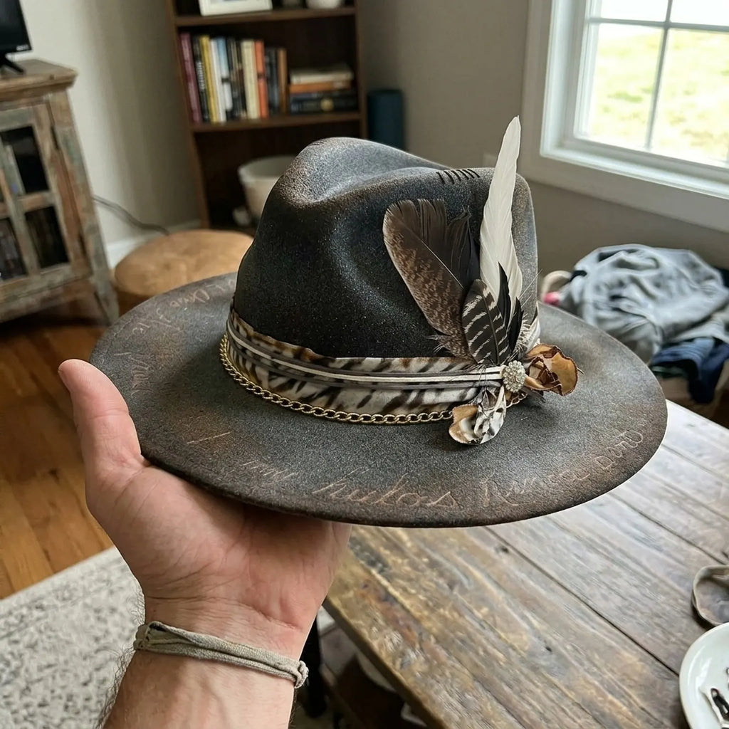 Charcoal Fedora with Gold Chain Zebra Print Band and Feathers