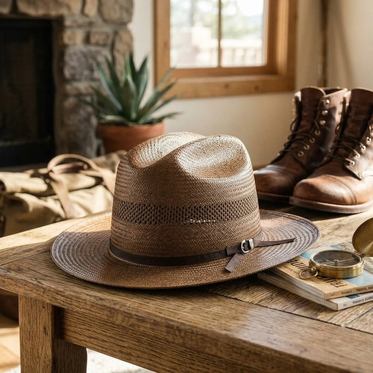 Taupe Brown Straw Fedora Hat with Dark Grosgrain Ribbon