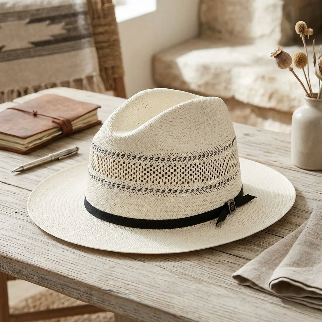 Unisex White Straw Panama Hat with Black Ribbon and Vent Crown