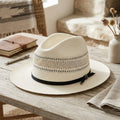 Unisex White Straw Panama Hat with Black Ribbon and Vent Crown