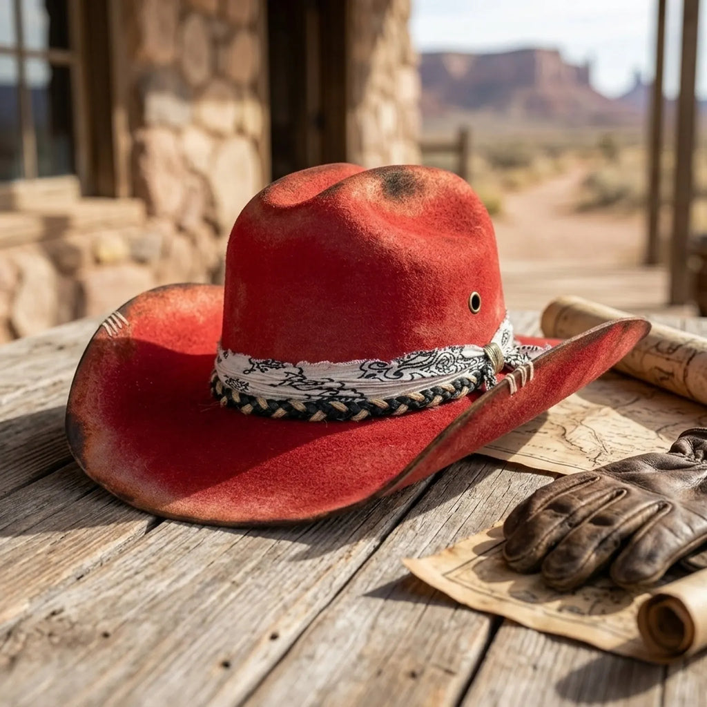 Vintage Red Western Hat with Paisley Band and Braided Trim
