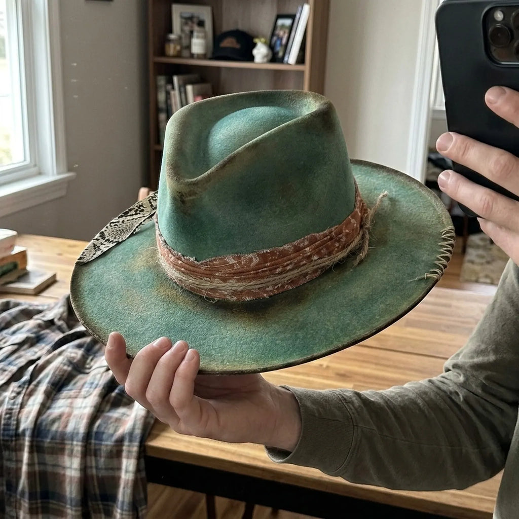 Moss Green Felt Fedora with Patterned Band and Wire Brim
